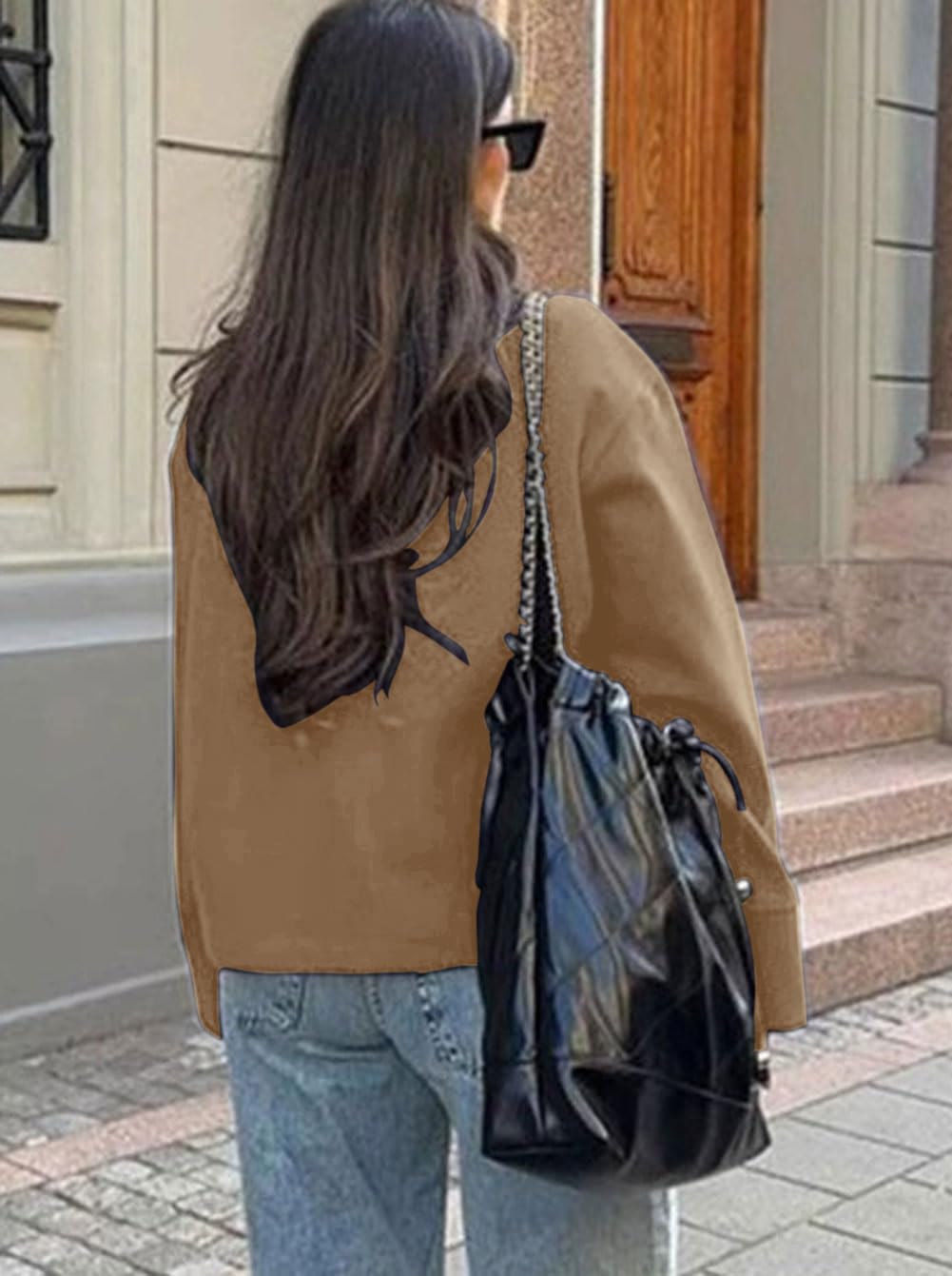 CHARTOU Women Crop Pea Coat Wool Blend Winter Loose Casual Short Jacket Outwear