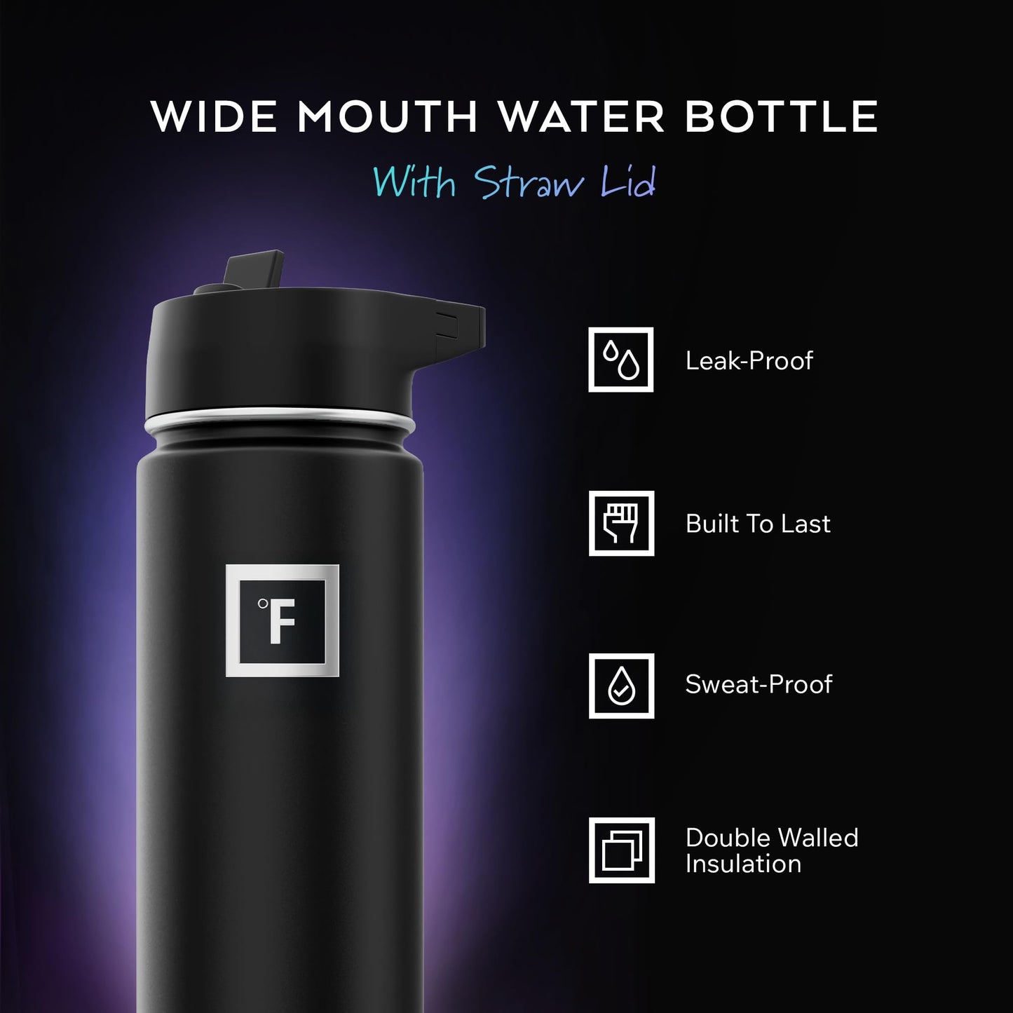 IRON °FLASK Camping & Hiking Hydration Flask with Straw, Wide Mouth Insulated Stainless Steel Sports Water Bottle - Midnight Black 24 oz - Straw (1 Lid)