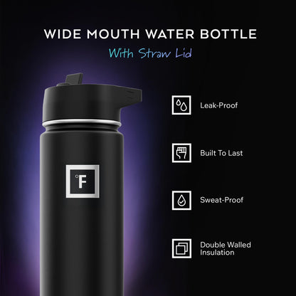 IRON °FLASK Camping & Hiking Hydration Flask with Straw, Wide Mouth Insulated Stainless Steel Sports Water Bottle - Midnight Black 24 oz - Straw (1 Lid)