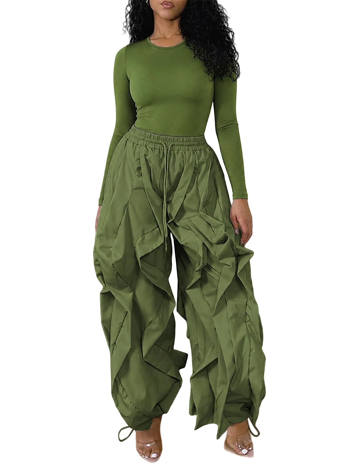 knowfashionstyle Women 2 Piece Outfits Cargo Parachute Pants Set Long Sleeve Top Baggy Y2K Balloon Pant Going Out Night Club