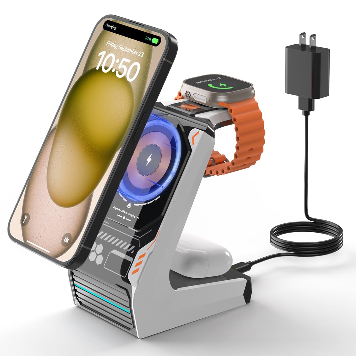 JoyGeek 3 in 1 Charging Station for Apple Devices, Wireless Charger Stand for iPhone 17/16/15/14/13/12/11/SE/X Pro Max Plus - Apple Watch 11/10/9/Ultra 2/8/SE/7/6/5 - AirPods Pro 2/3/2