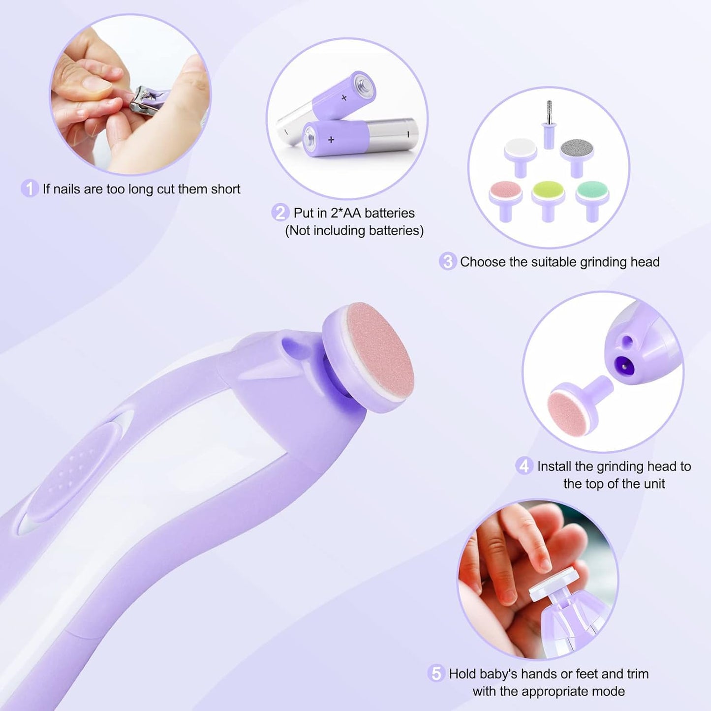 Electric Nail File Drill for Baby No Sharp Claws Hurt, 6 in 1 Safety Cutter Trimmer Clipper for Toes and Fingers (Blue)