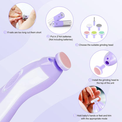 Electric Nail File Drill for Baby No Sharp Claws Hurt, 6 in 1 Safety Cutter Trimmer Clipper for Toes and Fingers (Blue)