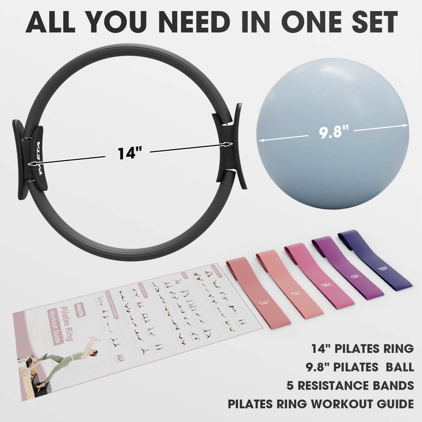 PAETA Pilates Ring Set – 14” Magic Circle (38 lbs Resistance), 9.8” Pilates Ball, 5 Resistance Bands, and Exercise Guide Included for Home Workouts