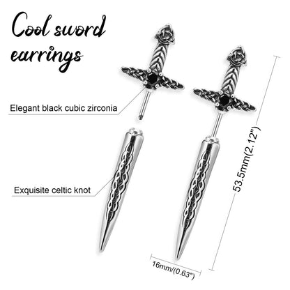 Hisatan Sword Earrings for Men Women, Stainless Steel Gothic Dagger Celtic Knot Irish Studs Earrings, Cool Punk Hip Pop Cubic Zirconia Dangle Goth Screw Spike Earring Jewelry