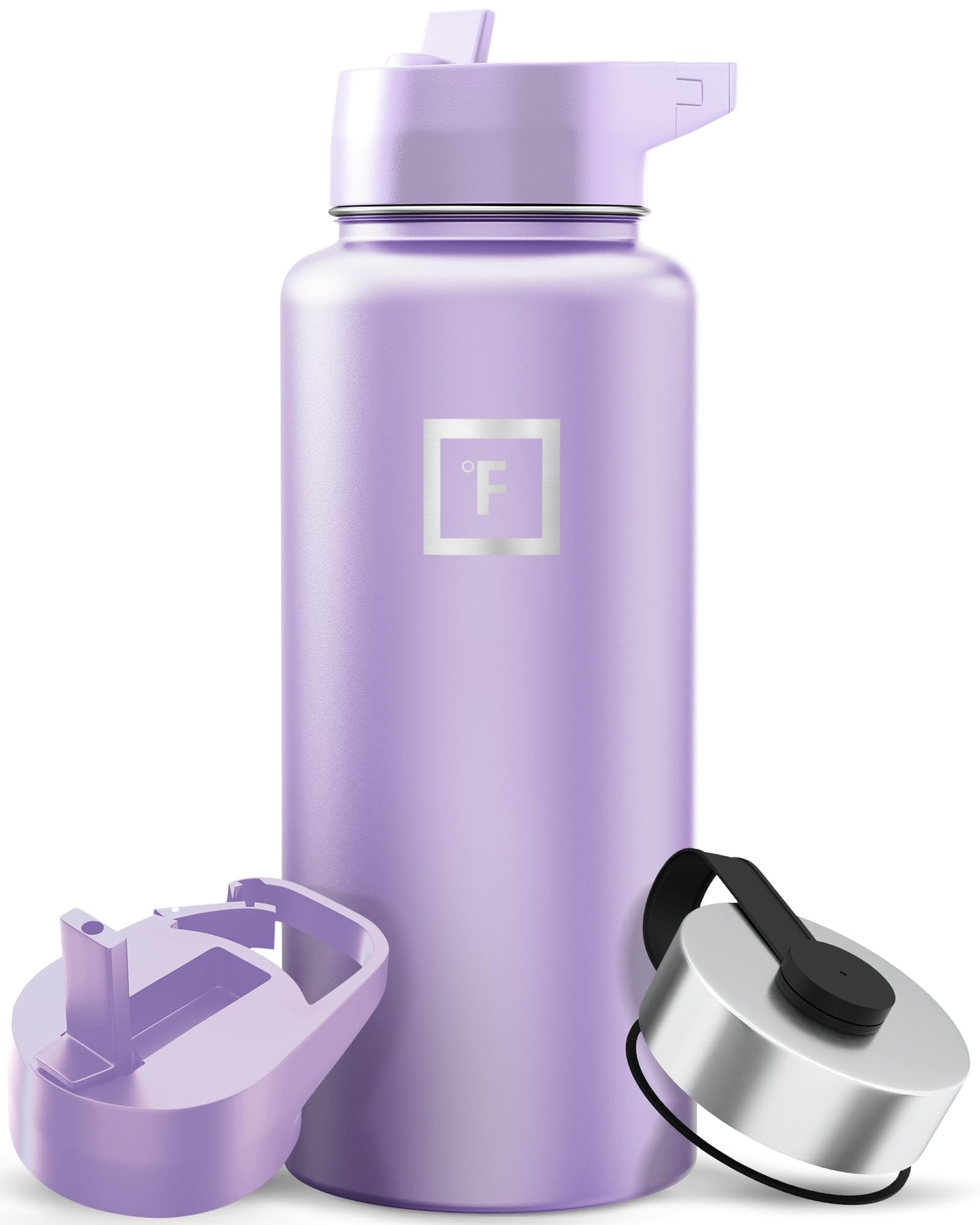 IRON °FLASK Camping & Hiking Hydration Flask with Straw, Wide Mouth Insulated Stainless Steel Sports Water Bottle - Midnight Black 24 oz - Straw (1 Lid)