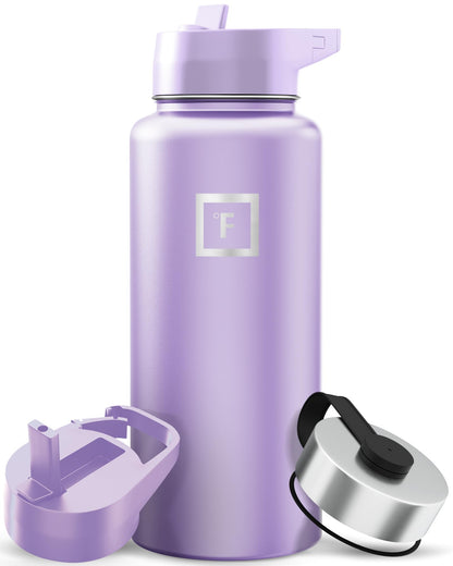 IRON °FLASK Camping & Hiking Hydration Flask with Straw, Wide Mouth Insulated Stainless Steel Sports Water Bottle - Midnight Black 24 oz - Straw (1 Lid)