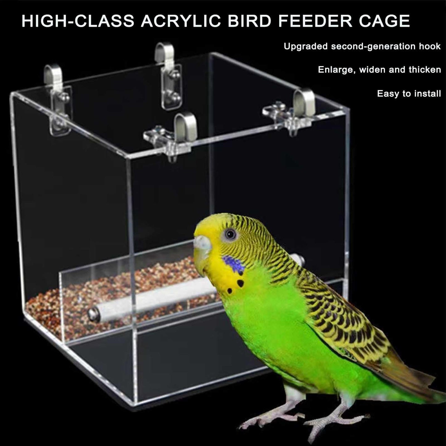 No Mess Bird Feeder for Cage, Automatic Acrylic Bird Feeder Seed Catcher Tray Cage with Stainless Steel Hooks for Small Parrots Canary Parakeet Budgerigar Crested Cockatiel Lovebird (Small)