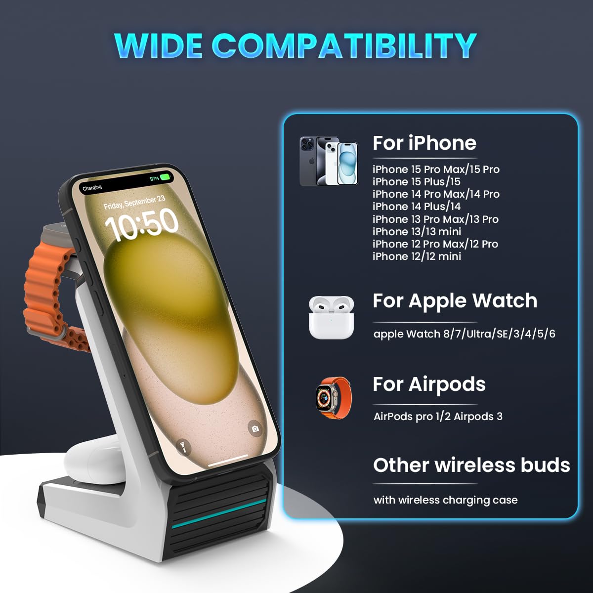 JoyGeek 3 in 1 Charging Station for Apple Devices, Wireless Charger Stand for iPhone 17/16/15/14/13/12/11/SE/X Pro Max Plus - Apple Watch 11/10/9/Ultra 2/8/SE/7/6/5 - AirPods Pro 2/3/2