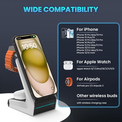 JoyGeek 3 in 1 Charging Station for Apple Devices, Wireless Charger Stand for iPhone 17/16/15/14/13/12/11/SE/X Pro Max Plus - Apple Watch 11/10/9/Ultra 2/8/SE/7/6/5 - AirPods Pro 2/3/2