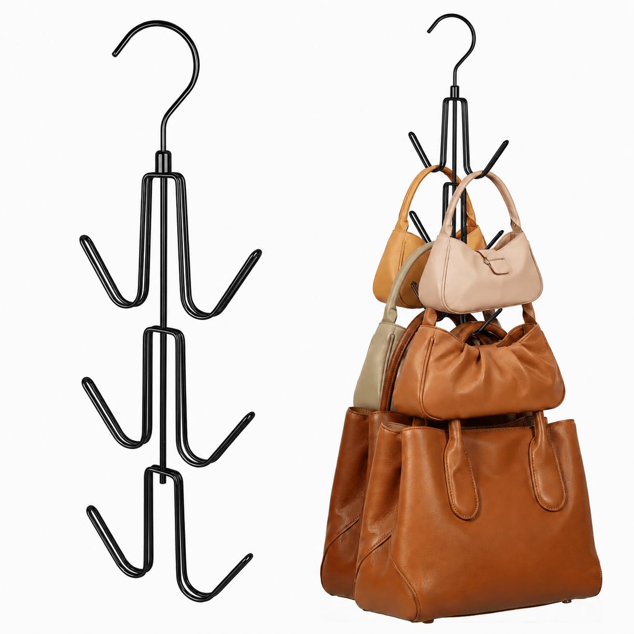 ZEDODIER 2 Pack Purse Organizer for Closet, Heavy-Duty Hanging Purse Hanger Closet Holds Up to 12 Purses, Metal Rotating Space Saving Bag Holder Handbag Storage Hook Backpack Rack, Silver