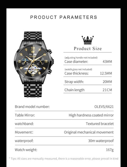 OLEVS Skeleton Men Watches Automatic Business Luxury Diamond Self Winding Watch for Men Stainless Steel Calendar Wrist Watch