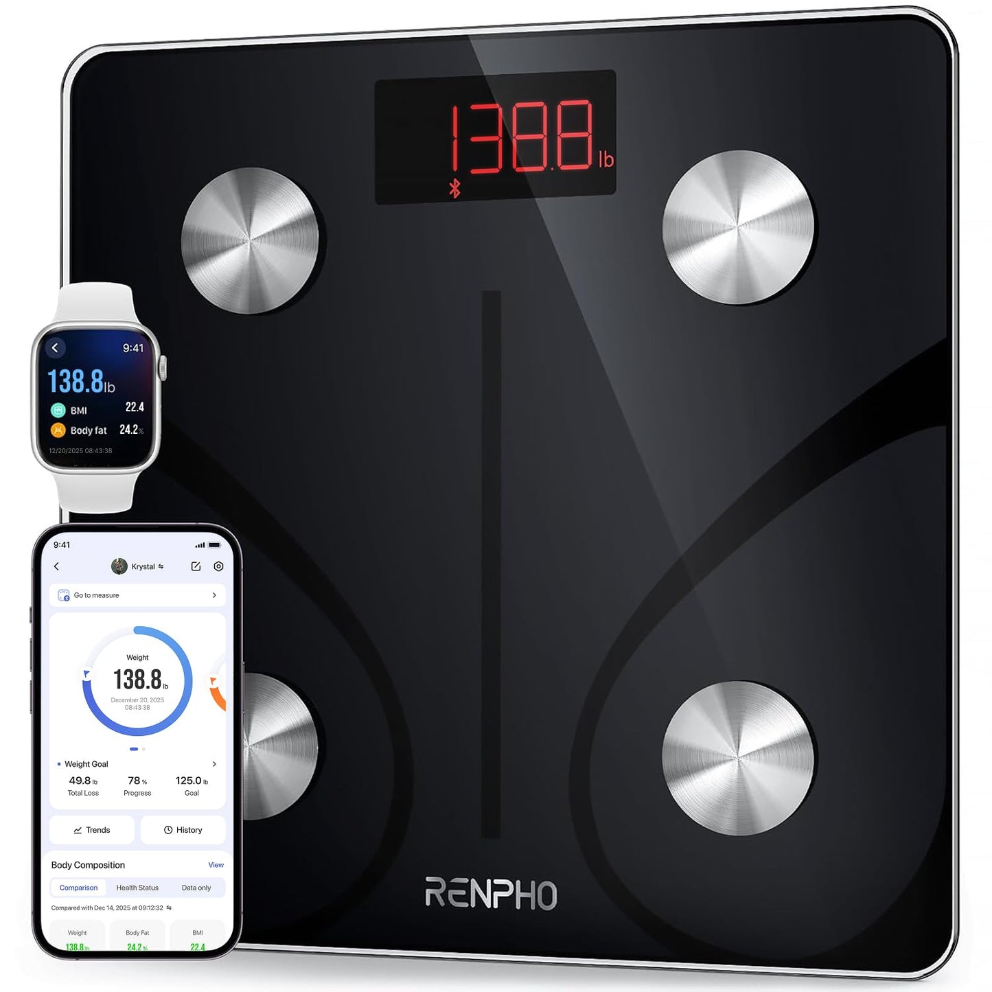 RENPHO Smart Scale for Body Weight, Tempered Glass Bathroom Digital Scale with BMI, Body Fat, Bluetooth Fitness Equipment Sync with Apps Accurate for Weight Loss, Home Use, 400 lbs – Elis 1