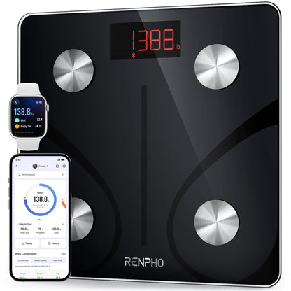 RENPHO Smart Scale for Body Weight, Tempered Glass Bathroom Digital Scale with BMI, Body Fat, Bluetooth Fitness Equipment Sync with Apps Accurate for Weight Loss, Home Use, 400 lbs – Elis 1