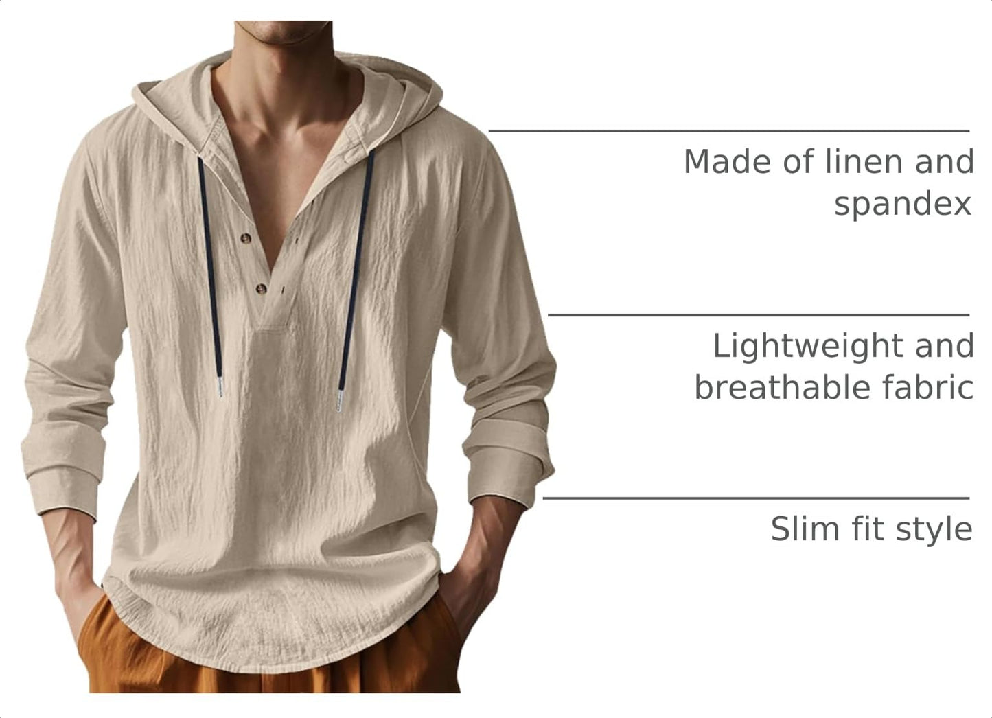 Mens Cotton Linen Hoodies Long Sleeve Button Down Shirts Casual Hawaiian Beach Yoga Sweatshirts
