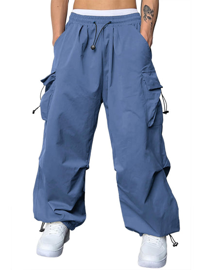 JMIERR Mens Loose Fit Drawstring Y2K Baggy Parachute Cargo Pants | Harem Joggers, Utility Flap, Deep Side Pockets, Elastic Waistband, Adjustable Hem, Streetwear, Casual Wear, Outdoor Hiking