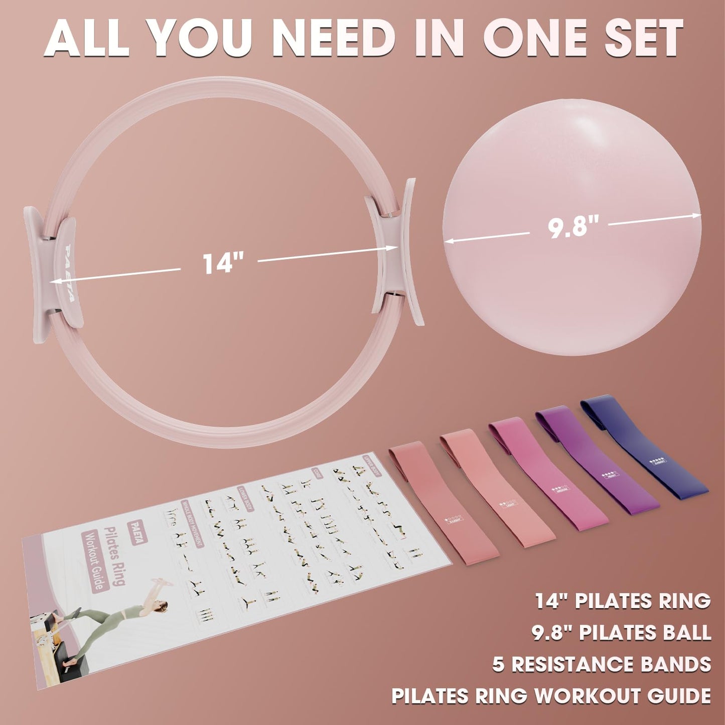 PAETA Pilates Ring Set – 14” Magic Circle (38 lbs Resistance), 9.8” Pilates Ball, 5 Resistance Bands, and Exercise Guide Included for Home Workouts