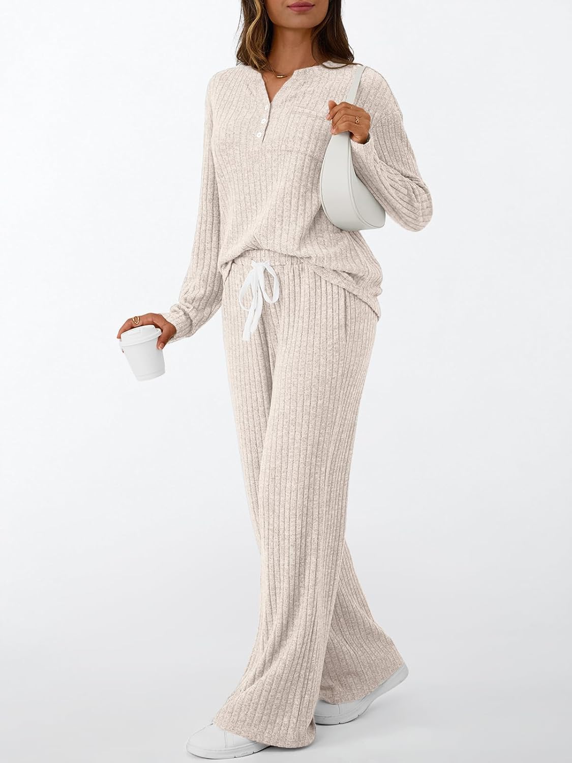 LILLUSORY Women's 2 Piece Matching Lounge Sets 2026 Trendy Fall Outfits | Long Sleeve Henley Top & Drawstring Wide Leg Pants with Pockets, Comfort Material, Travel Airport Vacation Cruise Sweat Suit