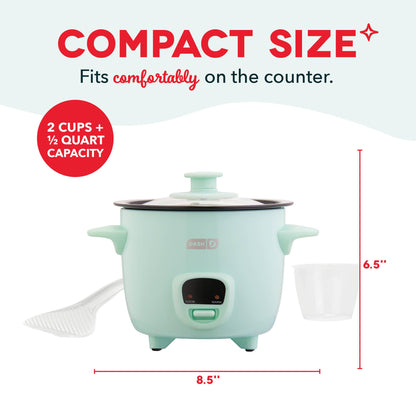 Dash Mini Rice Cooker | Small Rice Maker, 2 Cups Cooked / 1 Cup Uncooked, Ceramic Nonstick Removable Pot, Keep Warm Function, Compact and Portable for Dorm, Travel, Single Serve, Aqua