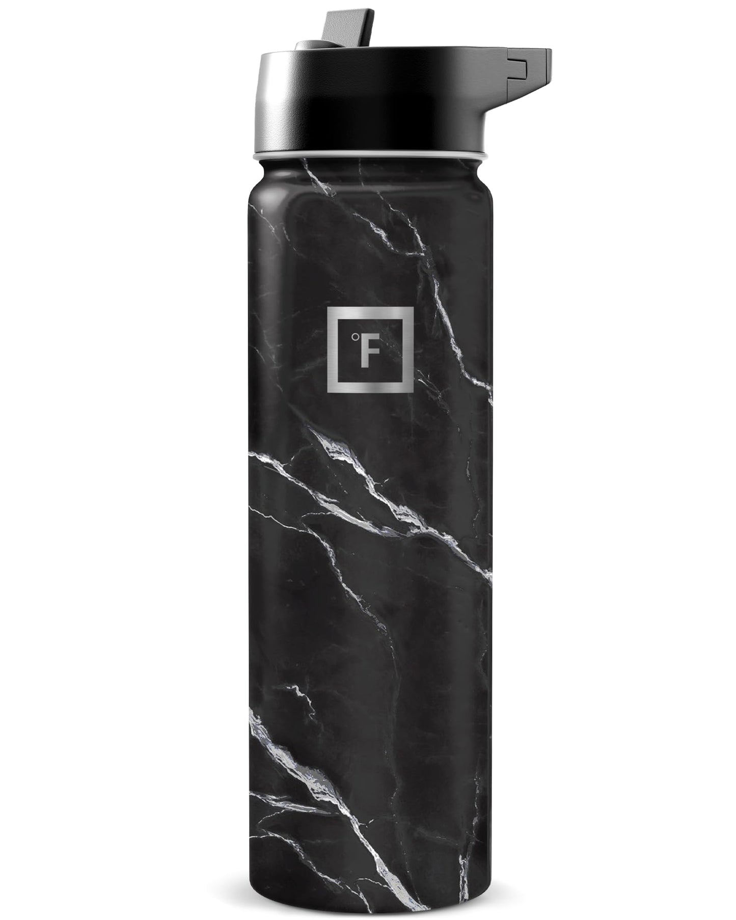 IRON °FLASK Camping & Hiking Hydration Flask with Straw, Wide Mouth Insulated Stainless Steel Sports Water Bottle - Midnight Black 24 oz - Straw (1 Lid)