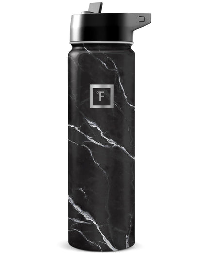 IRON °FLASK Camping & Hiking Hydration Flask with Straw, Wide Mouth Insulated Stainless Steel Sports Water Bottle - Midnight Black 24 oz - Straw (1 Lid)