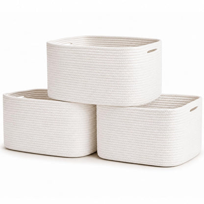 Light Honey Cotton Rope Baskets for Shelves, Set of 3 - 15"×10"×9½" - Woven Storage Baskets for Organizing - Closet, Nursery, Bedroom, Playroom - Toys, Books, Towels, Clothes