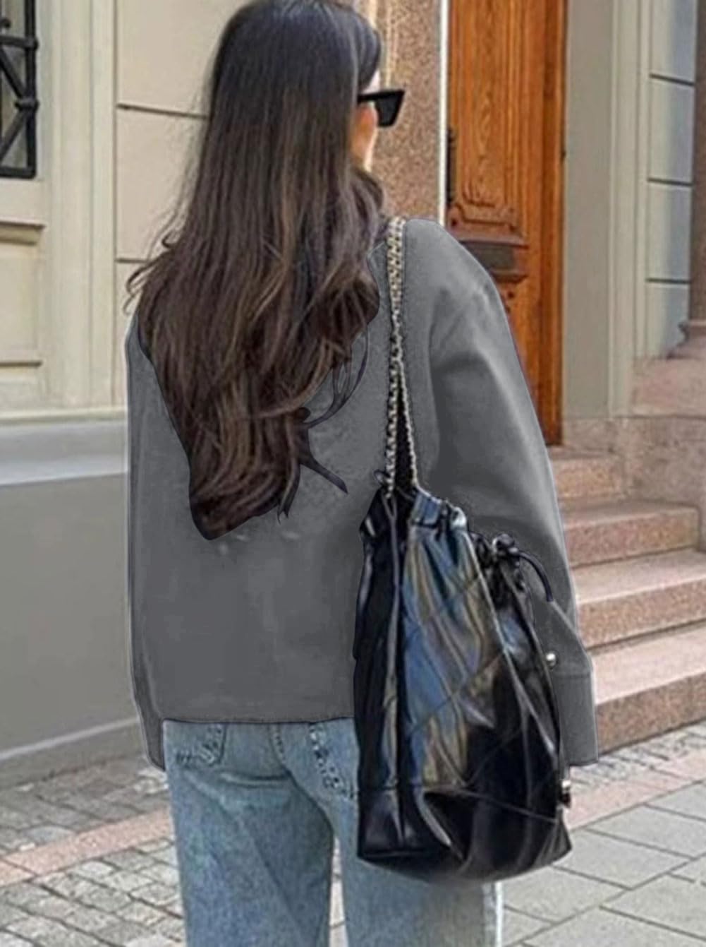 CHARTOU Women Crop Pea Coat Wool Blend Winter Loose Casual Short Jacket Outwear