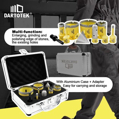Diamond Core Drill Bits Set for Tile, DARTOTEK 10PCS Porcelain Hole Saw Kit with Aluminum Case, (6/6/8/20/35/50/65mm+2" Chamfer bit +SDS Adapter, Dry/Wet Drilling for Ceramic, Granite & Marble