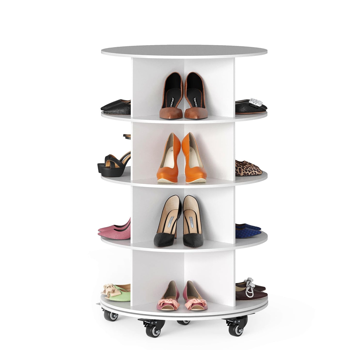 SpaceAid Spinning Shoe Rack with Wheels, 7 Tier Rotating Organizer Shoe Tower Lazy Susan with Thick Bottom, 360 Display Revolving Storage Shelf, Round Circular Rotate Organization, White