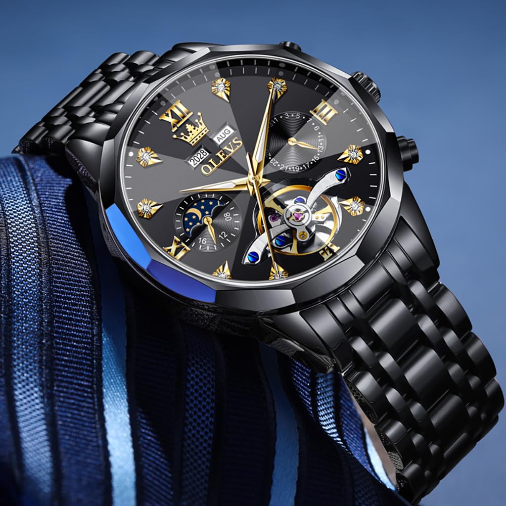 OLEVS Skeleton Men Watches Automatic Business Luxury Diamond Self Winding Watch for Men Stainless Steel Calendar Wrist Watch
