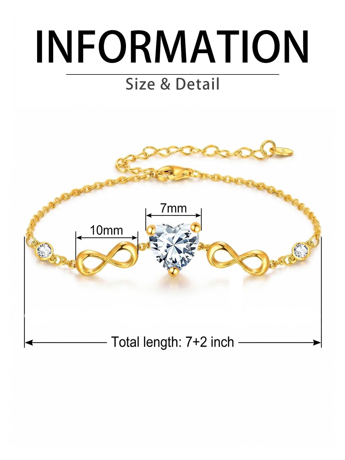 14K Gold Infinity Birthstone Bracelets for Women, Infinity Love Heart Birthstone Link Bracelets for Women, 14K Gold Plated Jewelry Birthday Gifts for Wife Girlfriend Mom, 7+2 Inch