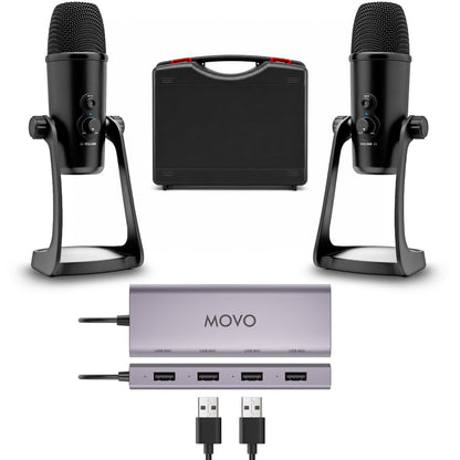 Movo USB Podcast Equipment Bundle for 4 – USB Interface with 4 UM700 Condenser Microphones – 4-Port Powered Hub for Streaming, Podcasting, Interviews (White)