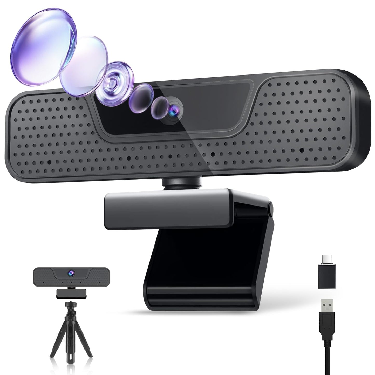 ToLuLu Streaming Webcam 2K 50FPS Web Cam, LED RGB Webcam with Microphone and Light, Autofocus Computer Camera with Cover and Tripod, Plug-Play USB Web cam for PC Desktop/MacBook Gaming Video Calling