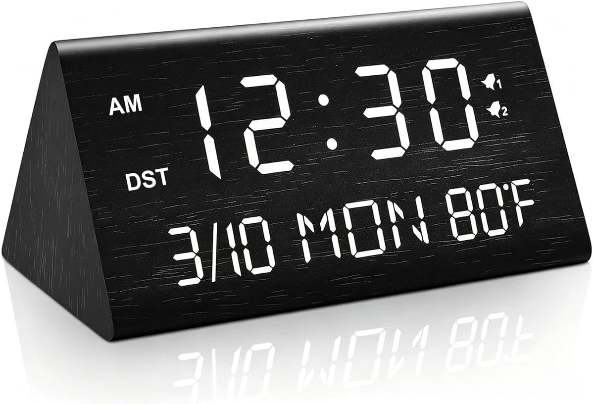 Kogonee Wooden Digital Alarm Clock, 0-100% Dimmer, 2 Alarm Settings, Weekday/Everyday Mode, 9 Mins Snooze, 12/24H, Temperature and Date Display for Office, Travel, Bedroom Alarm Clock (Brown)