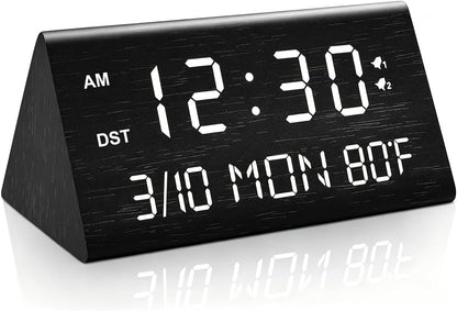 Kogonee Wooden Digital Alarm Clock, 0-100% Dimmer, 2 Alarm Settings, Weekday/Everyday Mode, 9 Mins Snooze, 12/24H, Temperature and Date Display for Office, Travel, Bedroom Alarm Clock (Brown)