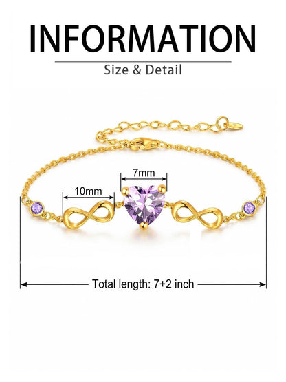 14K Gold Infinity Birthstone Bracelets for Women, Infinity Love Heart Birthstone Link Bracelets for Women, 14K Gold Plated Jewelry Birthday Gifts for Wife Girlfriend Mom, 7+2 Inch