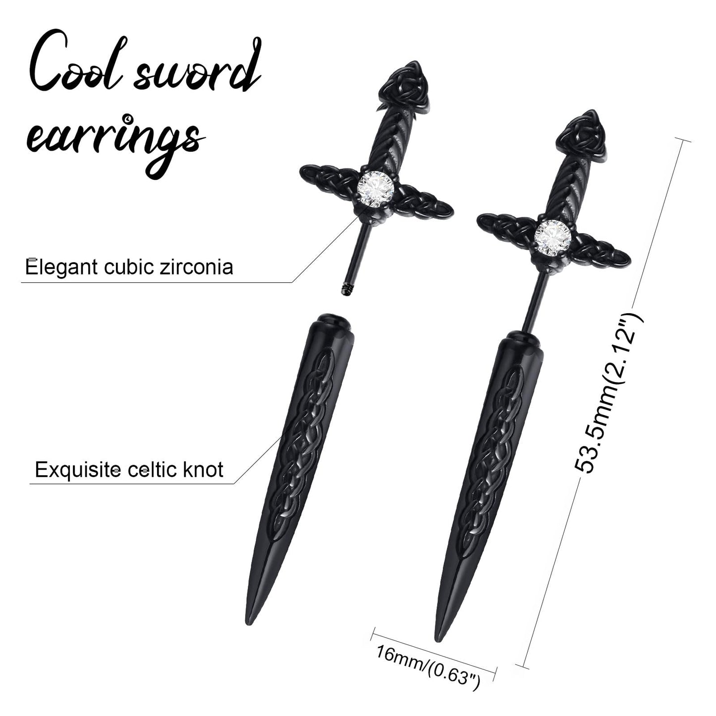 Hisatan Sword Earrings for Men Women, Stainless Steel Gothic Dagger Celtic Knot Irish Studs Earrings, Cool Punk Hip Pop Cubic Zirconia Dangle Goth Screw Spike Earring Jewelry