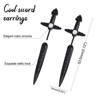 Hisatan Sword Earrings for Men Women, Stainless Steel Gothic Dagger Celtic Knot Irish Studs Earrings, Cool Punk Hip Pop Cubic Zirconia Dangle Goth Screw Spike Earring Jewelry