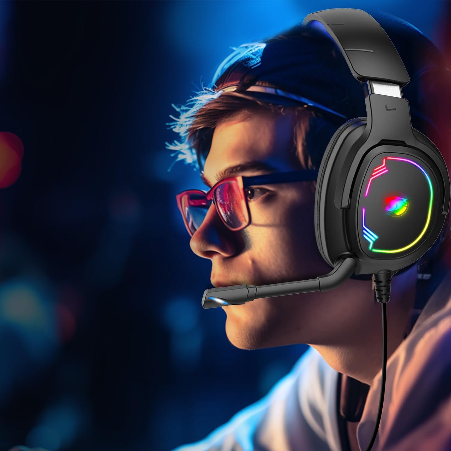 Jimonyer Gaming Headset for PS5 PS4 Xbox Series X|S PC Switch, 7.1 Surround Sound Over Ear Headphones with Noise Canceling Mic, RGB LED Light, Soft Memory Earmuffs Headset for Gaming or Work (Blue)