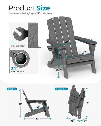 Folding Adirondack Chair, HDPE Adirondack Chairs with 2 Cup Holder, Plastic All-Weather Fire Pit Chairs, Outdoor Lawn Chair for Patio Garden (Grey)
