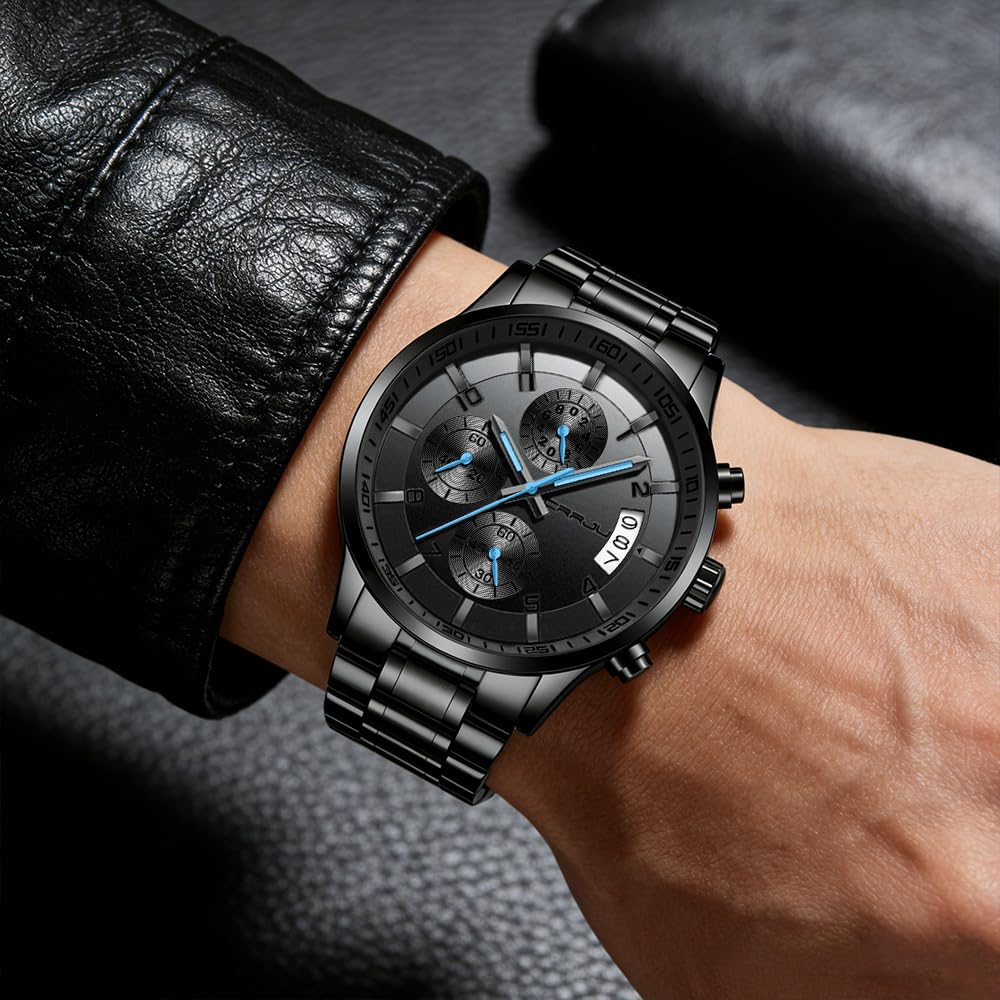 CRRJU Men's Fashion Stainless Steel Watches Date Waterproof Chronograph Wristwatches,Black Steel Band Waterproof Quartz Watch for Men