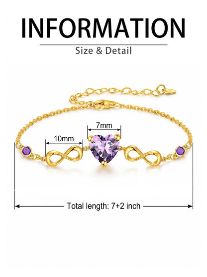 14K Gold Infinity Birthstone Bracelets for Women, Infinity Love Heart Birthstone Link Bracelets for Women, 14K Gold Plated Jewelry Birthday Gifts for Wife Girlfriend Mom, 7+2 Inch