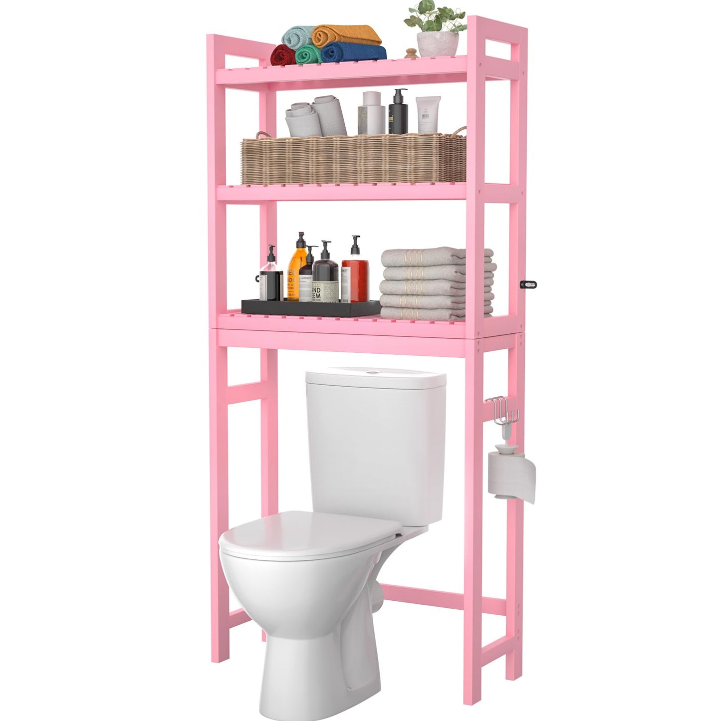 Homykic Over The Toilet Storage, Bamboo Over Toilet Bathroom Organizer Rack, Freestanding Bathroom Shelves Above Toilet Storage with 3 Hooks, Bathroom Space Saver, No Rust, Easy to Assemble, White