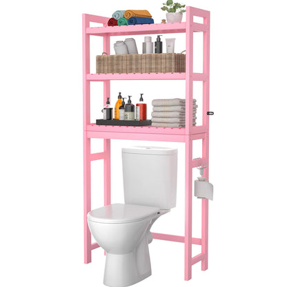Homykic Over The Toilet Storage, Bamboo Over Toilet Bathroom Organizer Rack, Freestanding Bathroom Shelves Above Toilet Storage with 3 Hooks, Bathroom Space Saver, No Rust, Easy to Assemble, White
