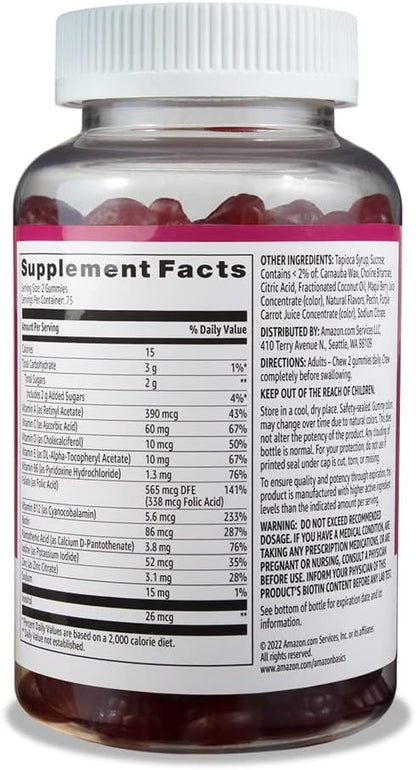 Amazon Basics Adult Multivitamin Gummies, Mixed Berry & Cherry Flavors, 150 Count, 75-Day Supply, Pack of 1 (Previously Solimo)