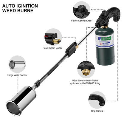 Sondiko Propane Torch Weed Burner, High Output Weed Torch Flamethrower, 30" Detachable Long Arm Heavy Duty Blow Torch For Garden, Wood, Ice, Snow, Melting(PROPANE TANK NOT INCLUDED)