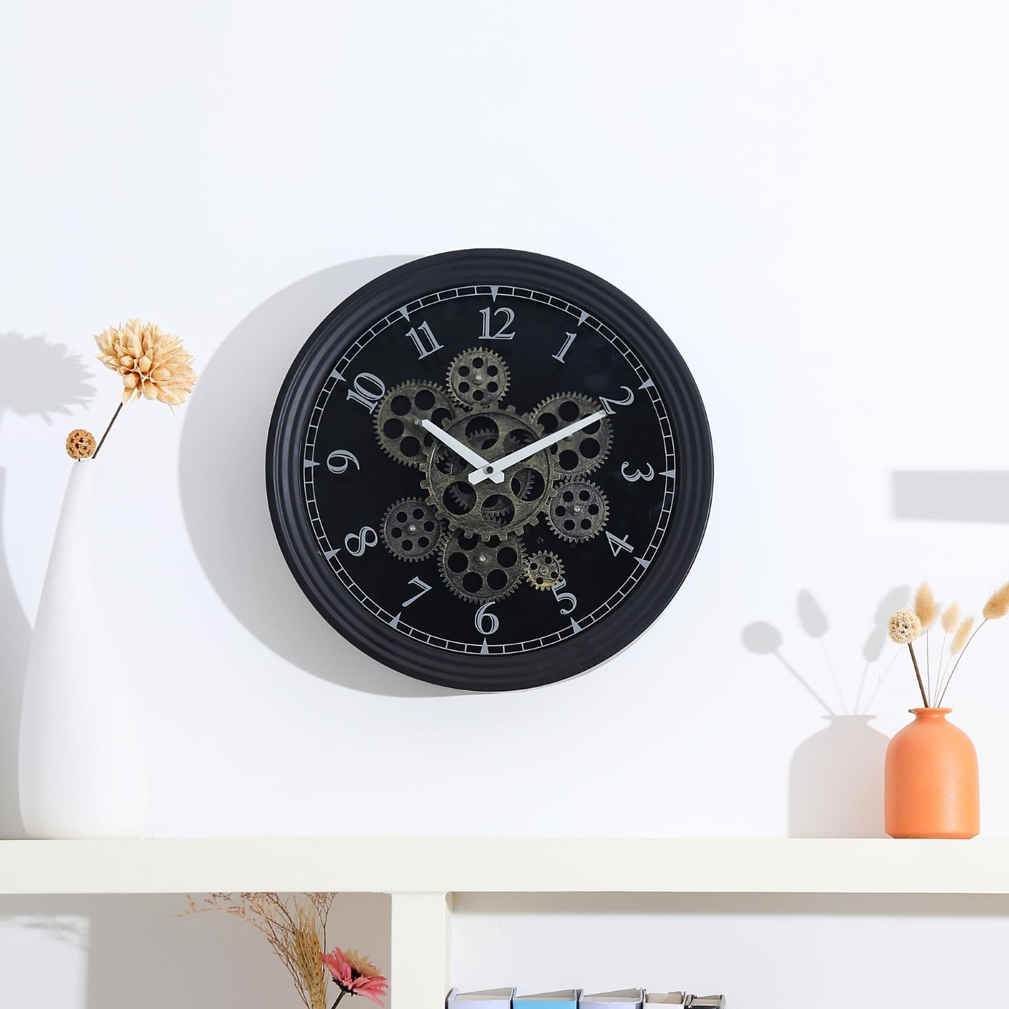 CLXEAST Mid Century Minimalist Modern Wall Clocks,24 Inch Wall Clock with Moving Gears, Large Cream Gold Wall Clocks for Living Room Decor,House Warming Gifts New Home