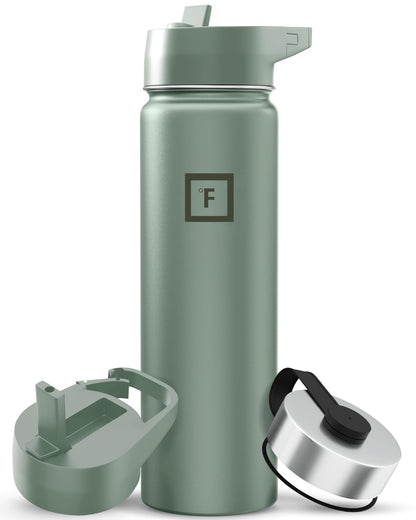 IRON °FLASK Camping & Hiking Hydration Flask with Straw, Wide Mouth Insulated Stainless Steel Sports Water Bottle - Midnight Black 24 oz - Straw (1 Lid)