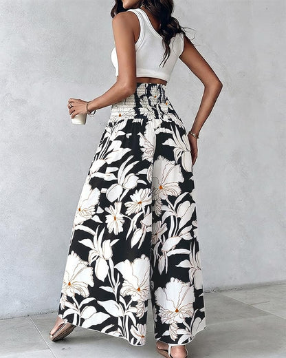 CHICME Boho Floral Shirred High Waisted Wide Leg Pants Flowy Palazzo Pants Summer Beach Vacation Wear