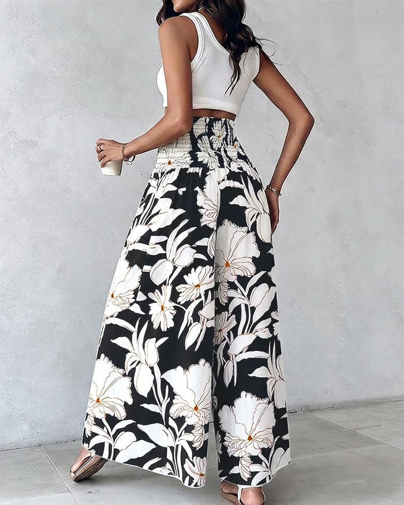 CHICME Boho Floral Shirred High Waisted Wide Leg Pants Flowy Palazzo Pants Summer Beach Vacation Wear